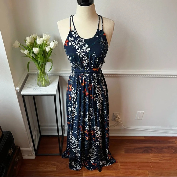 Whistles Silk Navy Floral Long Dress - Picture 1 of 9
